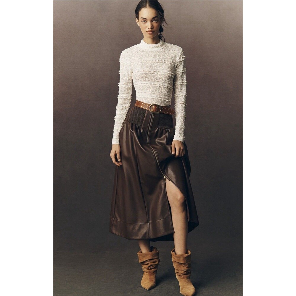 Anthropologie Maeve Midi Skirt Brown Tommie Faux Leather Zip Preppy Size XL NWT